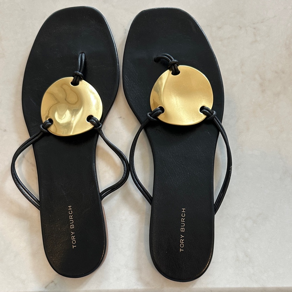 Tory Burch Black Sandals with Gold Disc Accent